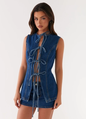 VentedBack Wish You Luck Denim Top - Dark Blue ContrastTipping Wish You Luck Denim Top - Dark Blue