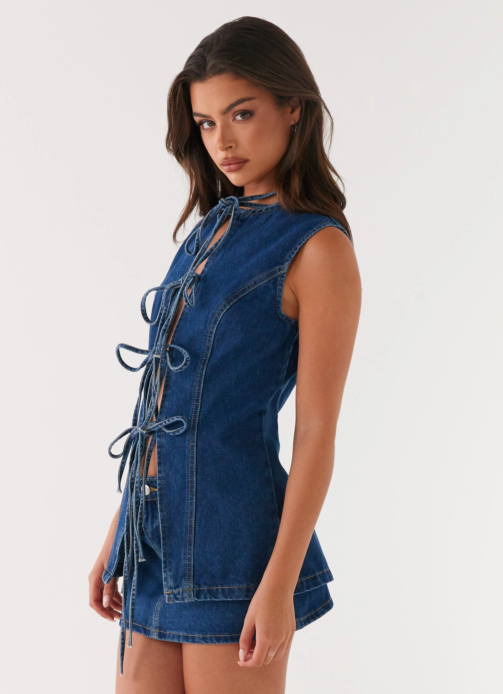 Hidden Storage Pocket GarmentWashedFinish Wish You Luck Denim Top - Dark Blue