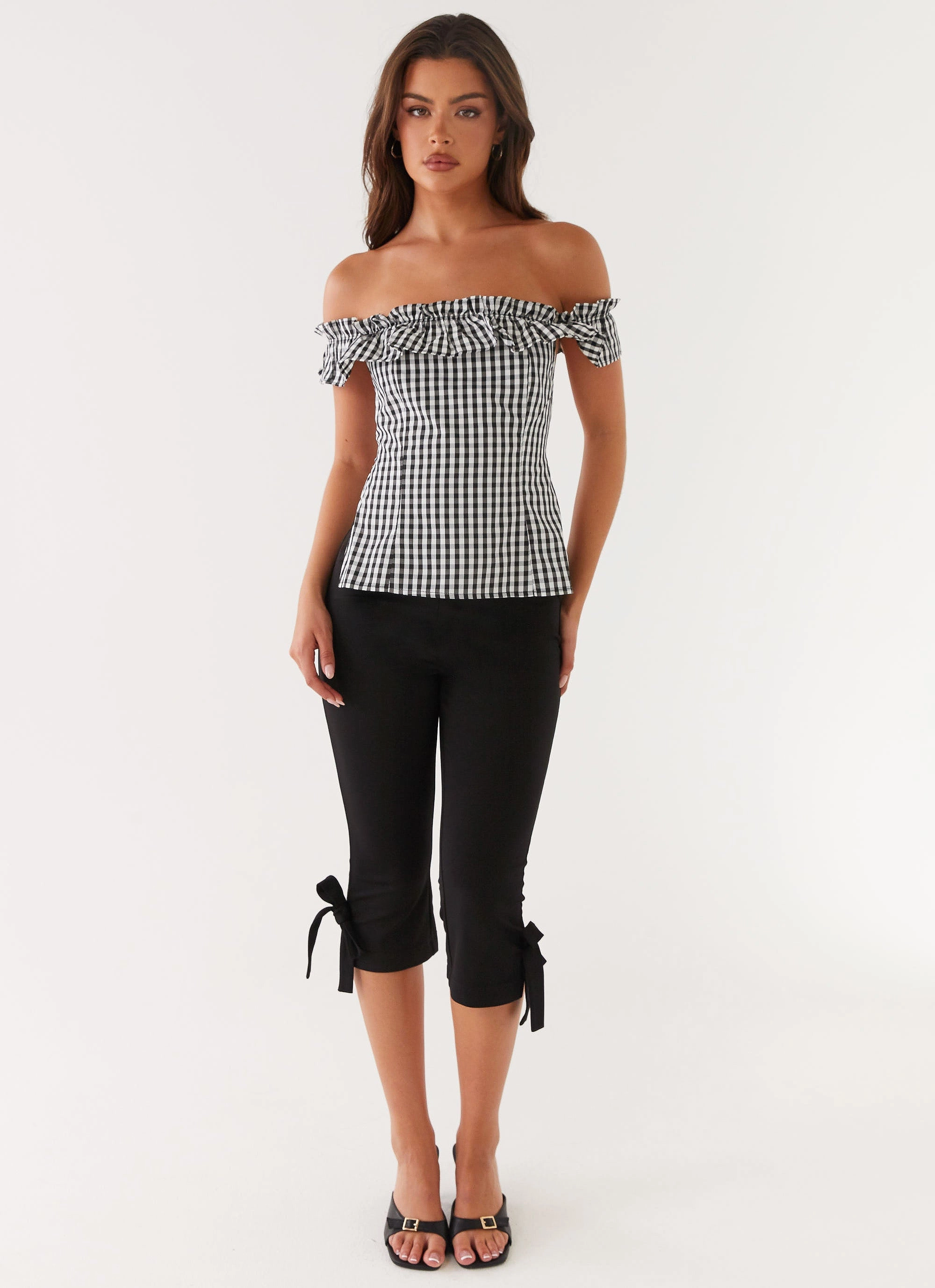 Minimalist Silhouette Cut Reinforced Shoulder Gwyneth Top - Black Gingham
