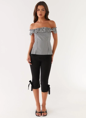 Minimalist Silhouette Cut Reinforced Shoulder Gwyneth Top - Black Gingham