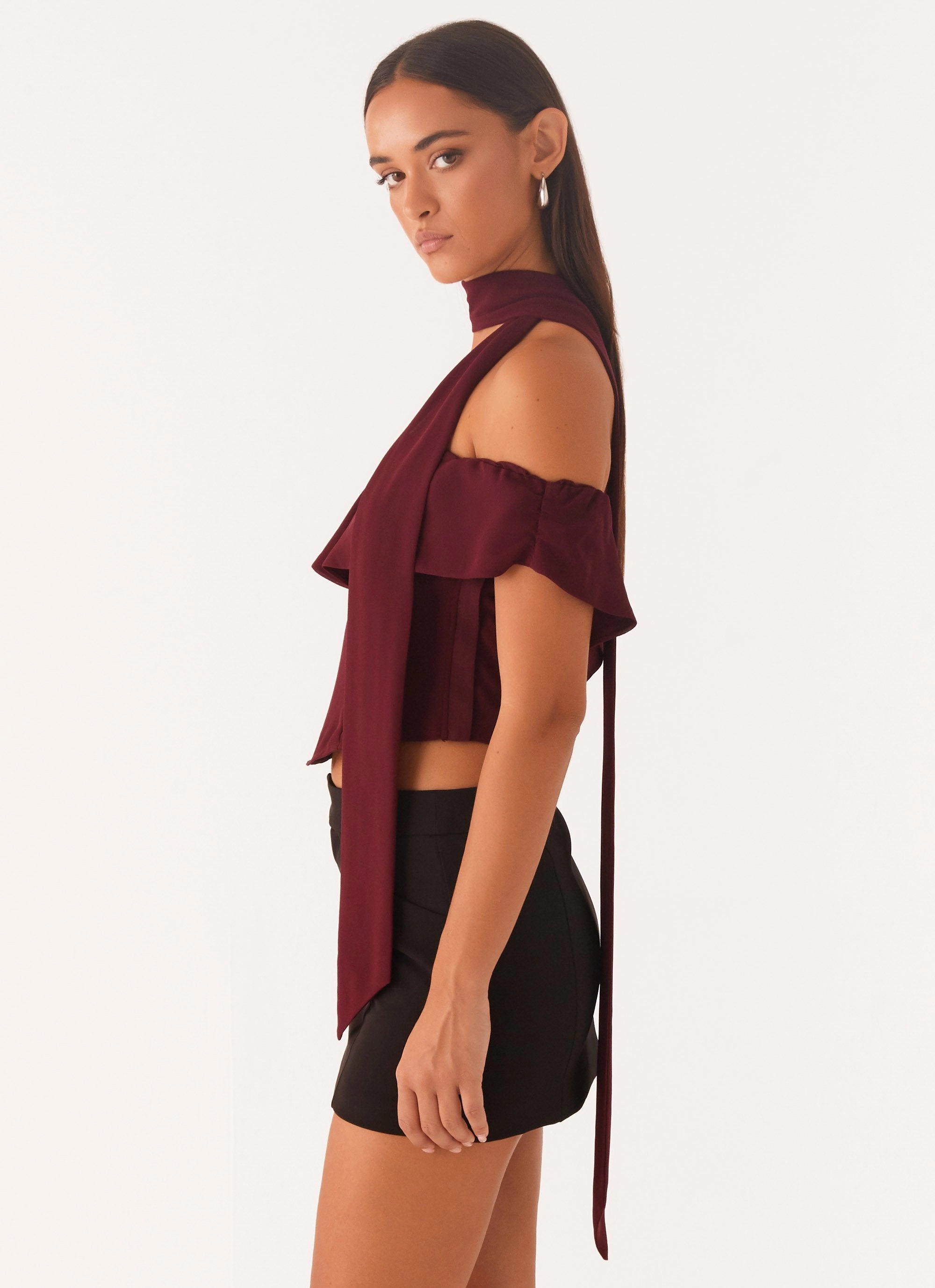 Layered Collar System Trinity Chiffon Scarf Top - Deep Maroon