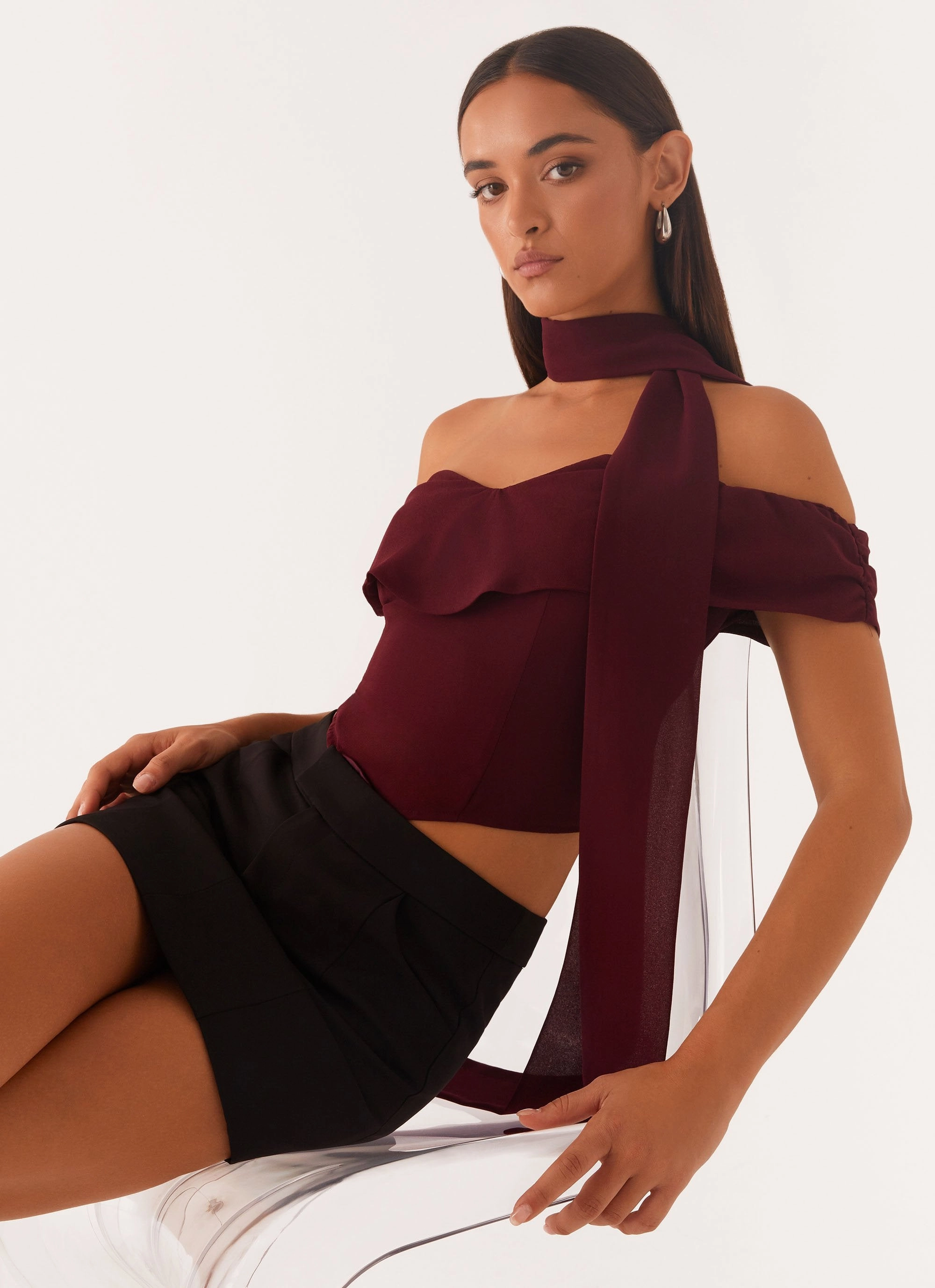 Trinity Chiffon Scarf Top - Deep Maroon Classic Crewneck Design Reinforced Neckline