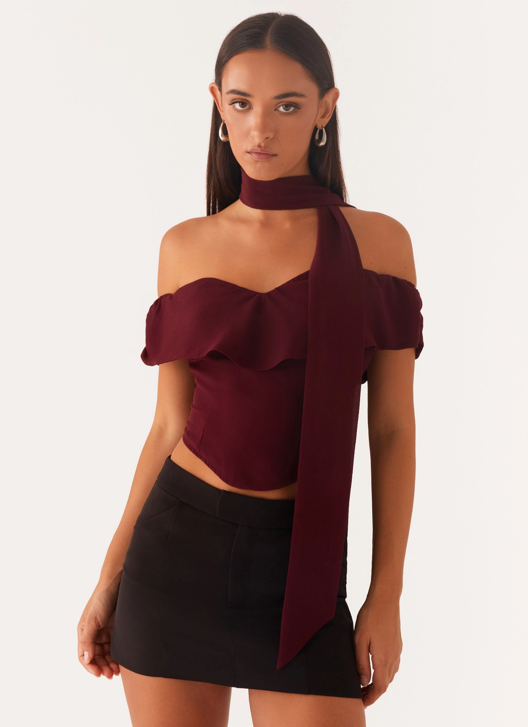 Trinity Chiffon Scarf Top - Deep Maroon Basic Long Sleeve Trendy Look