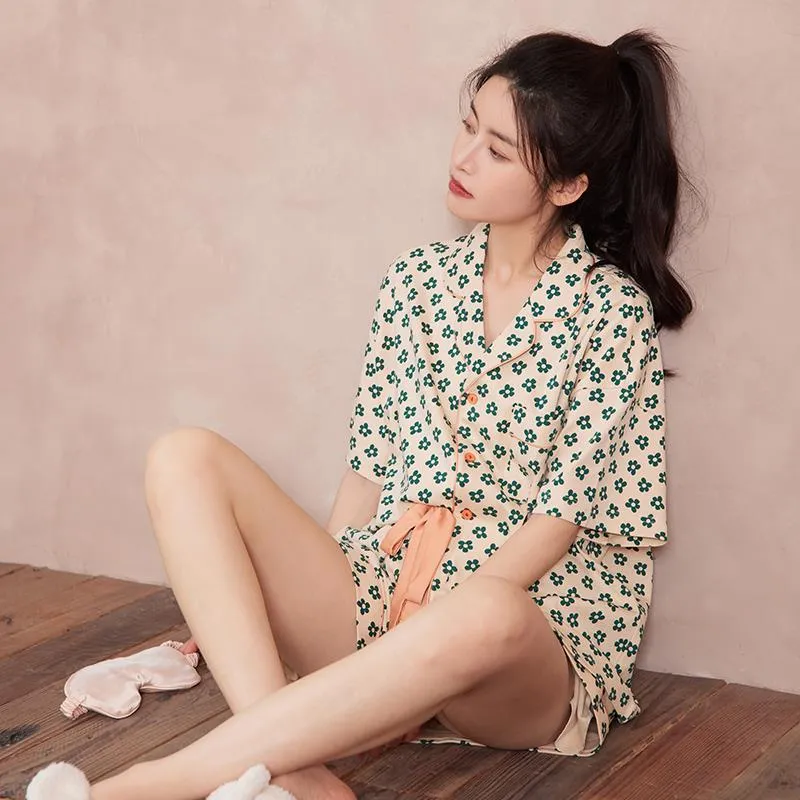 VenusFox Cotton Sleepwear Girls Summer Women's Pajamas Little Green Flower Femme Sweet Pajamas Short Sleeve Home Suit