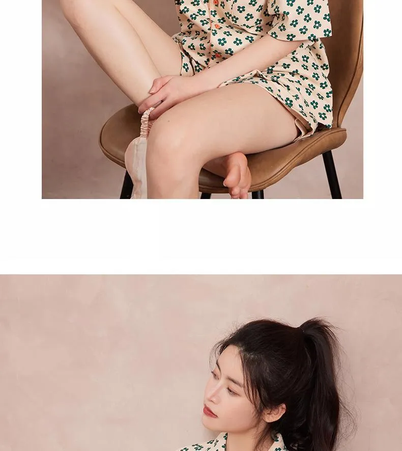 VenusFox Cotton Sleepwear Girls Summer Women's Pajamas Little Green Flower Femme Sweet Pajamas Short Sleeve Home Suit