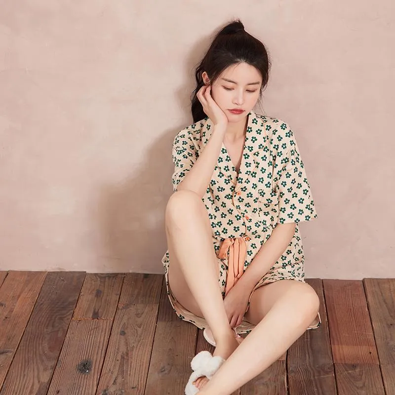 VenusFox Cotton Sleepwear Girls Summer Women's Pajamas Little Green Flower Femme Sweet Pajamas Short Sleeve Home Suit