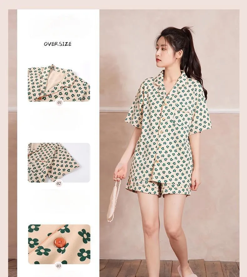 VenusFox Cotton Sleepwear Girls Summer Women's Pajamas Little Green Flower Femme Sweet Pajamas Short Sleeve Home Suit