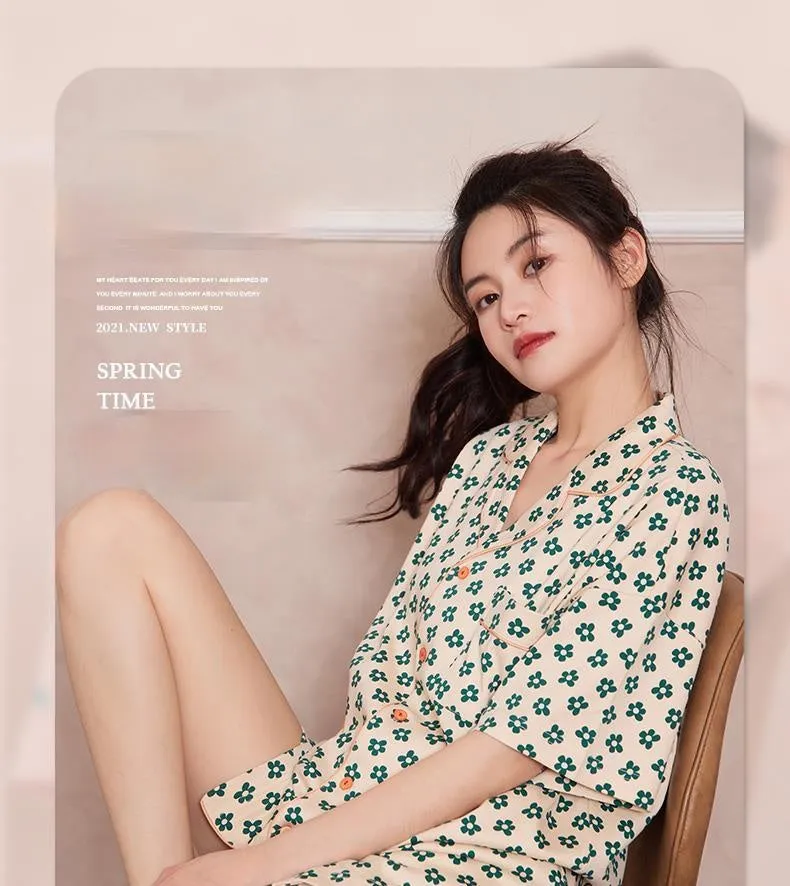VenusFox Cotton Sleepwear Girls Summer Women's Pajamas Little Green Flower Femme Sweet Pajamas Short Sleeve Home Suit