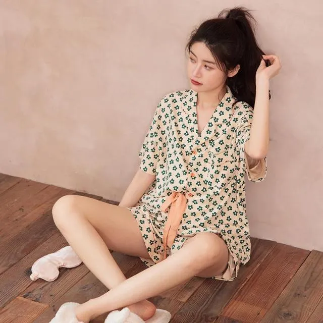 VenusFox Cotton Sleepwear Girls Summer Women's Pajamas Little Green Flower Femme Sweet Pajamas Short Sleeve Home Suit