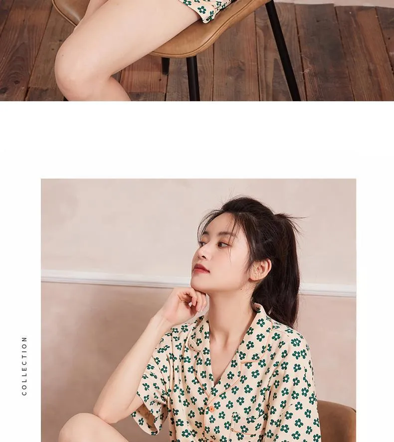 VenusFox Cotton Sleepwear Girls Summer Women's Pajamas Little Green Flower Femme Sweet Pajamas Short Sleeve Home Suit