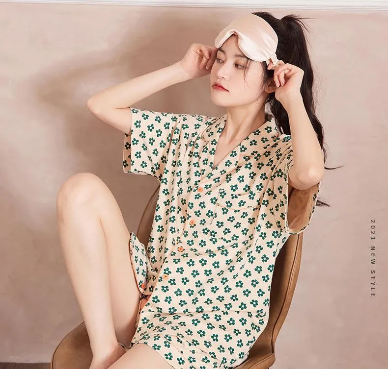 VenusFox Cotton Sleepwear Girls Summer Women's Pajamas Little Green Flower Femme Sweet Pajamas Short Sleeve Home Suit