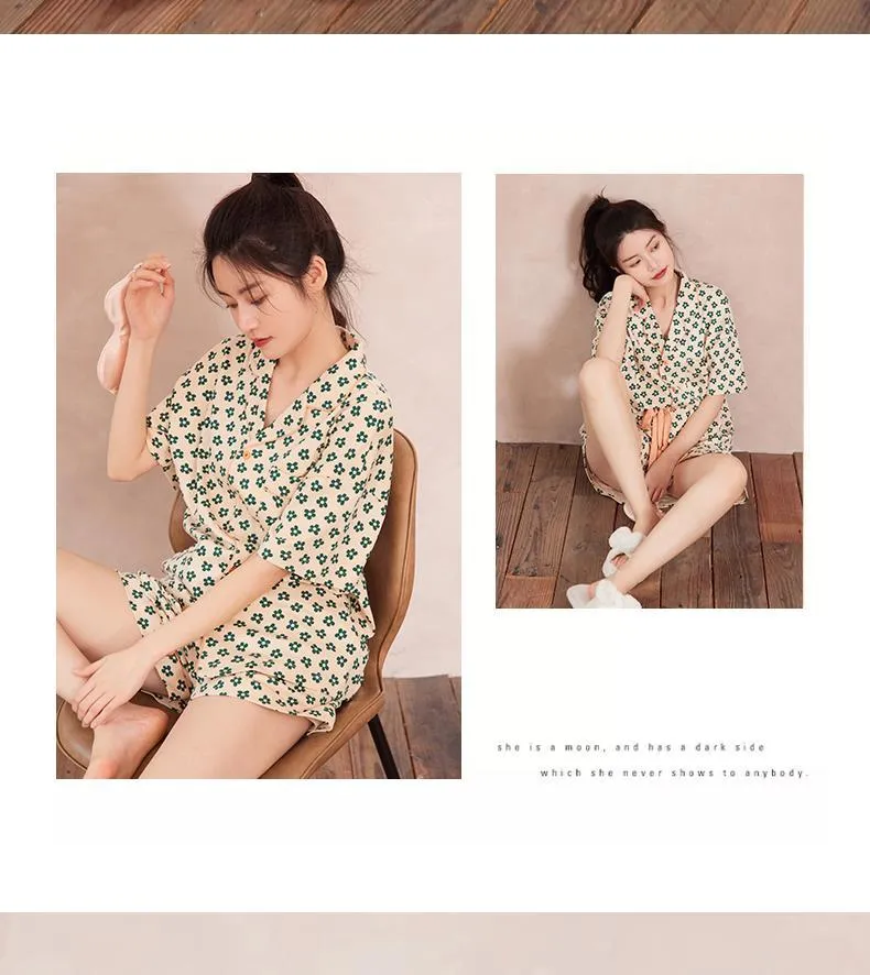 VenusFox Cotton Sleepwear Girls Summer Women's Pajamas Little Green Flower Femme Sweet Pajamas Short Sleeve Home Suit