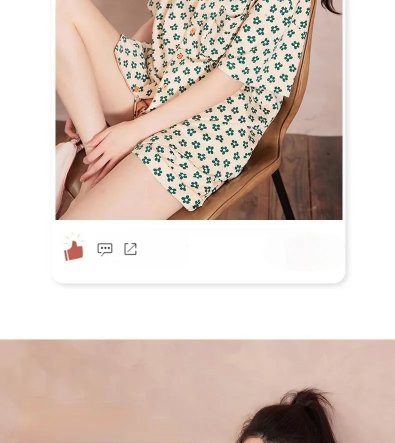VenusFox Cotton Sleepwear Girls Summer Women's Pajamas Little Green Flower Femme Sweet Pajamas Short Sleeve Home Suit