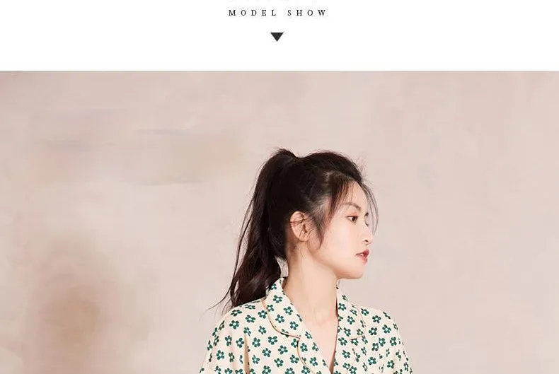 VenusFox Cotton Sleepwear Girls Summer Women's Pajamas Little Green Flower Femme Sweet Pajamas Short Sleeve Home Suit
