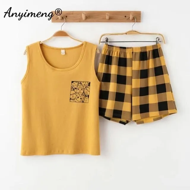 VenusFox Hot Sleeveless Two Piece Set Summer Green Silk Pajama Sets for Women Cotton PJS Fashion Soft Sleepwear Korean Kawaii Nightwear