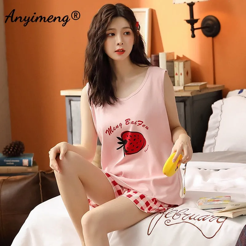 VenusFox Hot Sleeveless Two Piece Set Summer Green Silk Pajama Sets for Women Cotton PJS Fashion Soft Sleepwear Korean Kawaii Nightwear