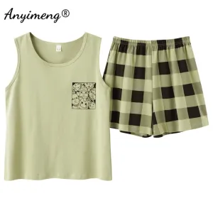 VenusFox Hot Sleeveless Two Piece Set Summer Green Silk Pajama Sets for Women Cotton PJS Fashion Soft Sleepwear Korean Kawaii Nightwear