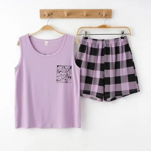 VenusFox Hot Sleeveless Two Piece Set Summer Green Silk Pajama Sets for Women Cotton PJS Fashion Soft Sleepwear Korean Kawaii Nightwear