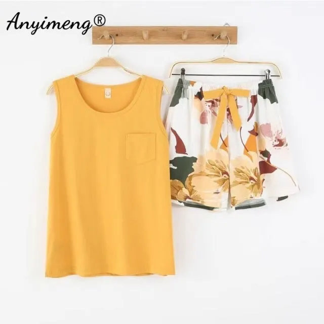 VenusFox Hot Sleeveless Two Piece Set Summer Green Silk Pajama Sets for Women Cotton PJS Fashion Soft Sleepwear Korean Kawaii Nightwear