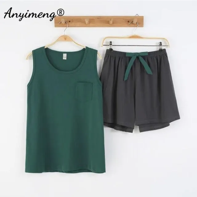 VenusFox Hot Sleeveless Two Piece Set Summer Green Silk Pajama Sets for Women Cotton PJS Fashion Soft Sleepwear Korean Kawaii Nightwear