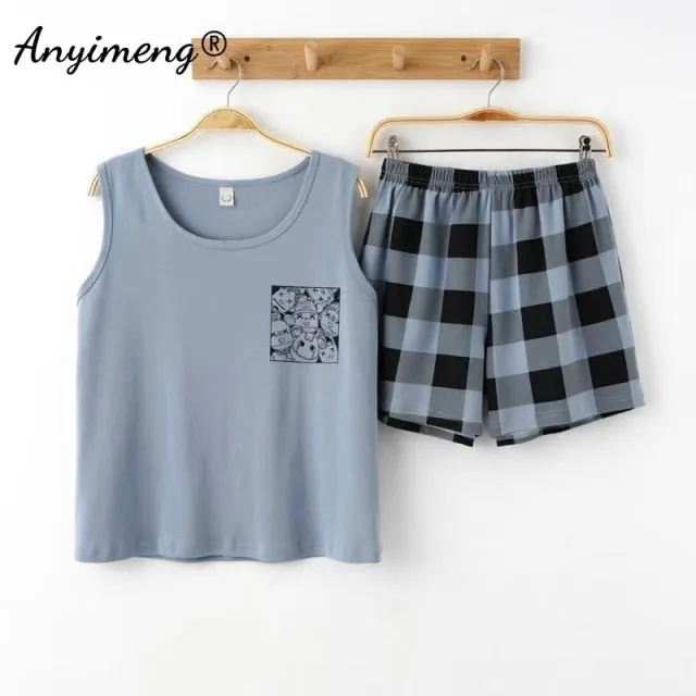 VenusFox Hot Sleeveless Two Piece Set Summer Green Silk Pajama Sets for Women Cotton PJS Fashion Soft Sleepwear Korean Kawaii Nightwear
