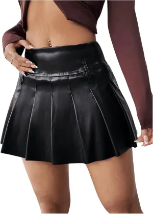 Verdusa Women's Pleated Leather Skirts High Waisted A Line Skater Mini Skirt