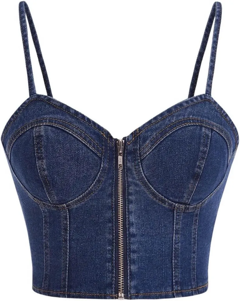 Verdusa Women's Zipper Sweetheart Neck Denim Crop Cami Tops Spaghetti Strap Jean Top Bustier