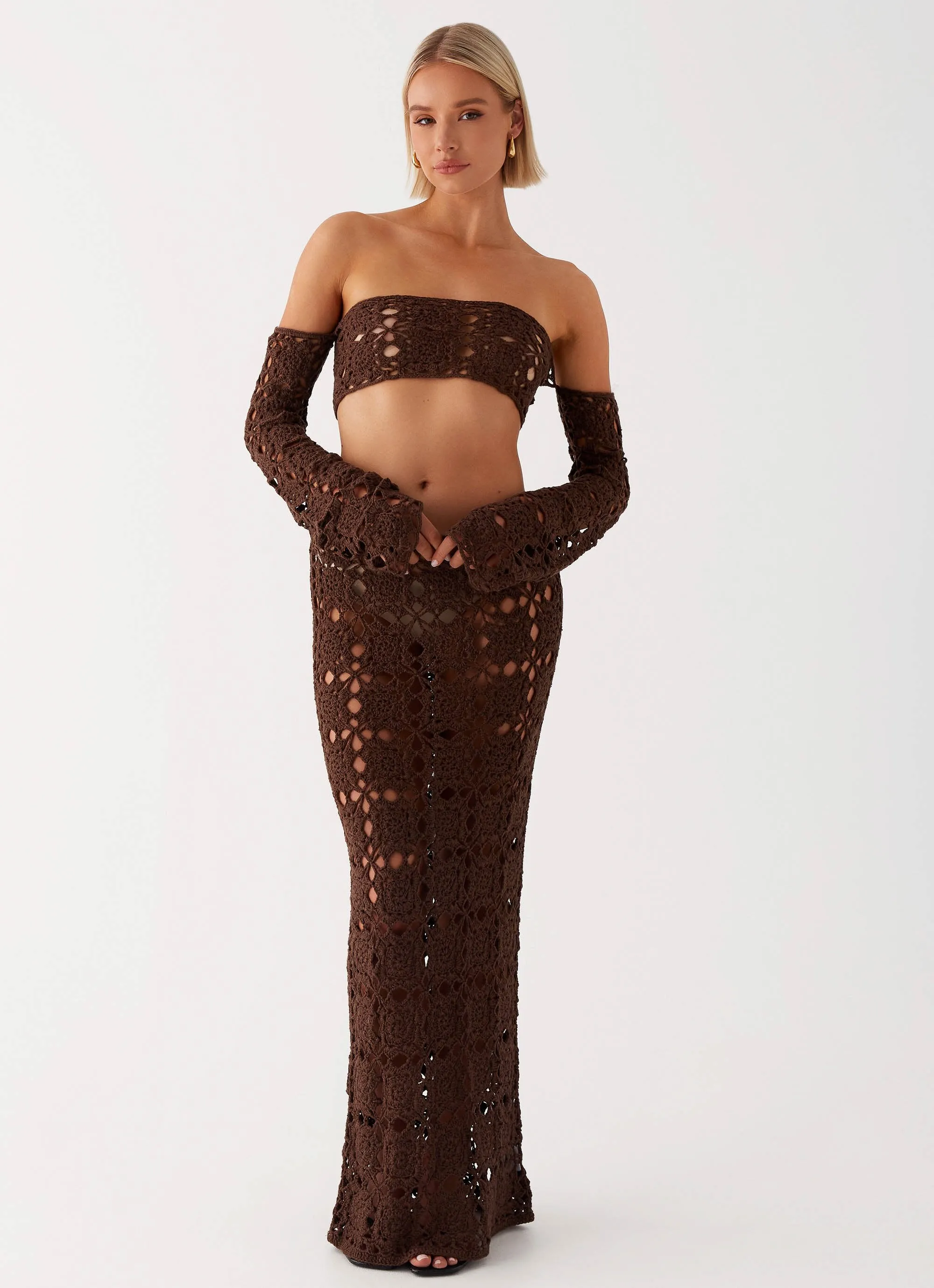 TaperedLeg Durable Twill Sorrentino Crochet Maxi Skirt - Chocolate