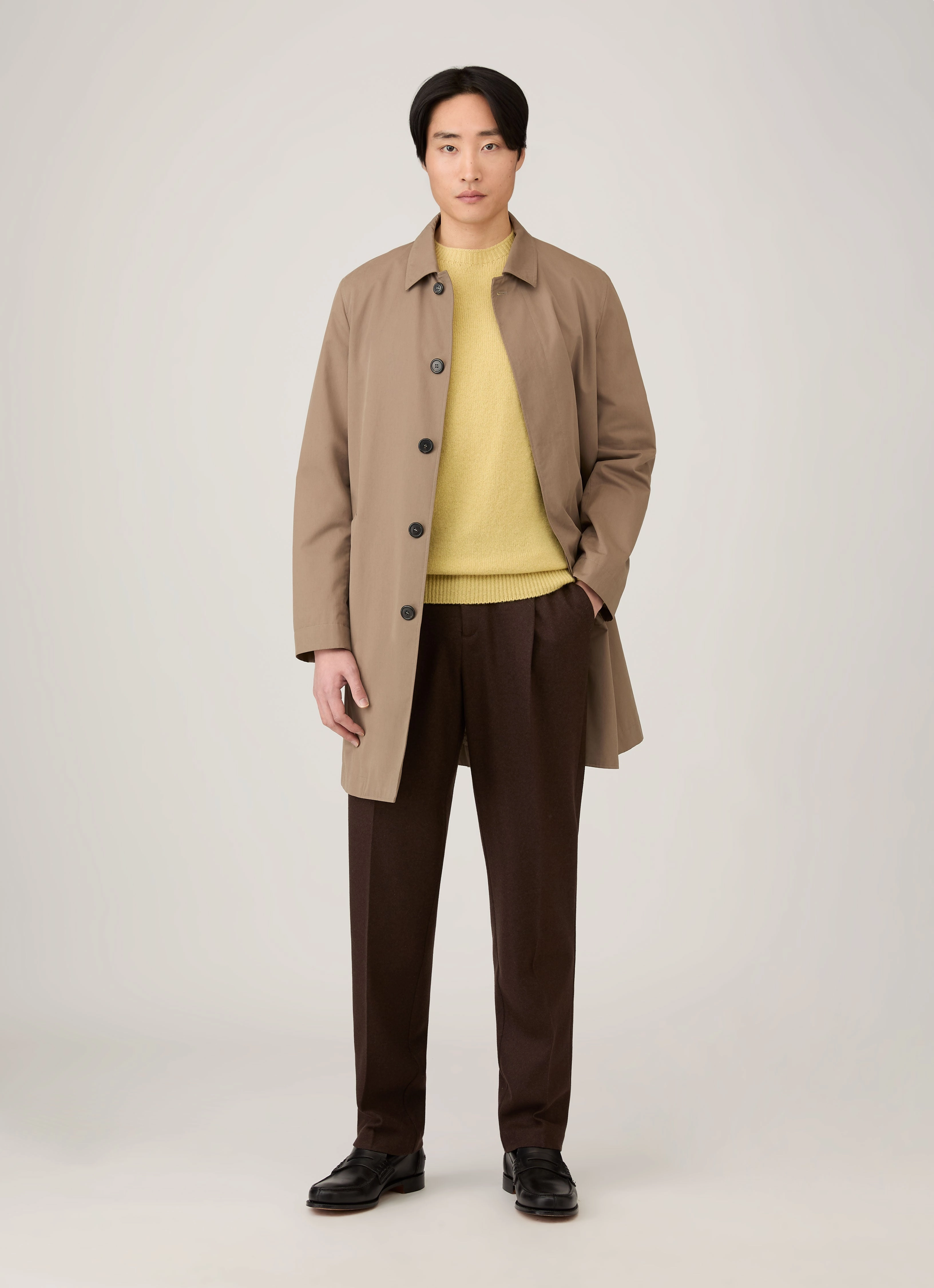 Men's Lambswool Crew Neck Jumper in Dusty Yellow Wide Hem Detail MultiDirectional Stretch