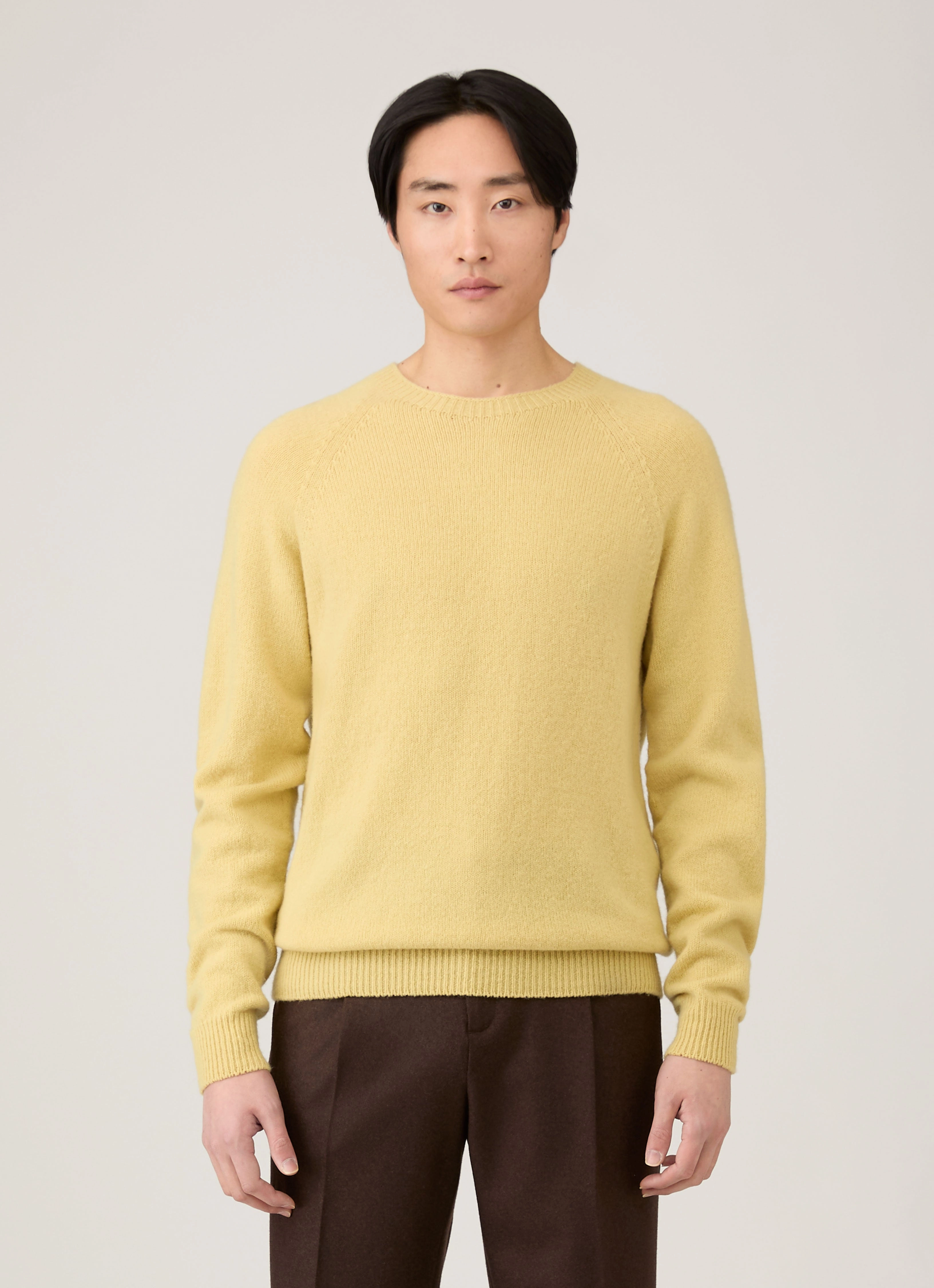 Modern Casual Look Cashmere Blend Men's Lambswool Crew Neck Jumper in Dusty Yellow