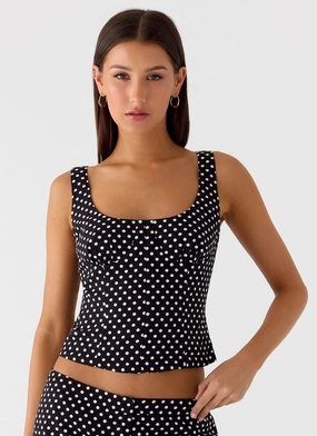 Versatile Layering Piece Coastline Bustier Top - Black Polkadot NonRestrictive Fit LowProfileSeams Coastline Bustier Top - Black Polkadot