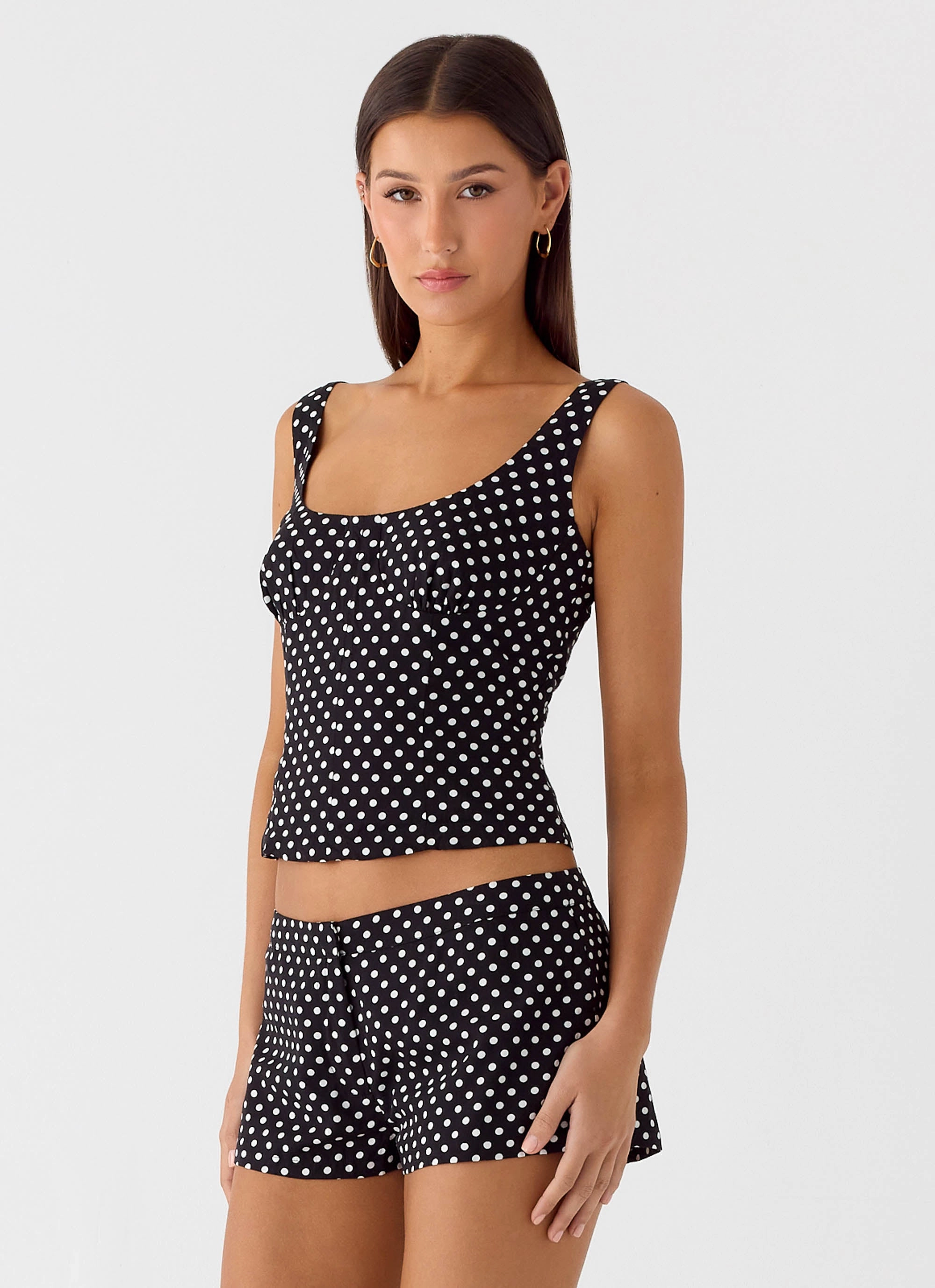 Coastline Bustier Top - Black Polkadot Button Down Collar Style Smooth Stitching