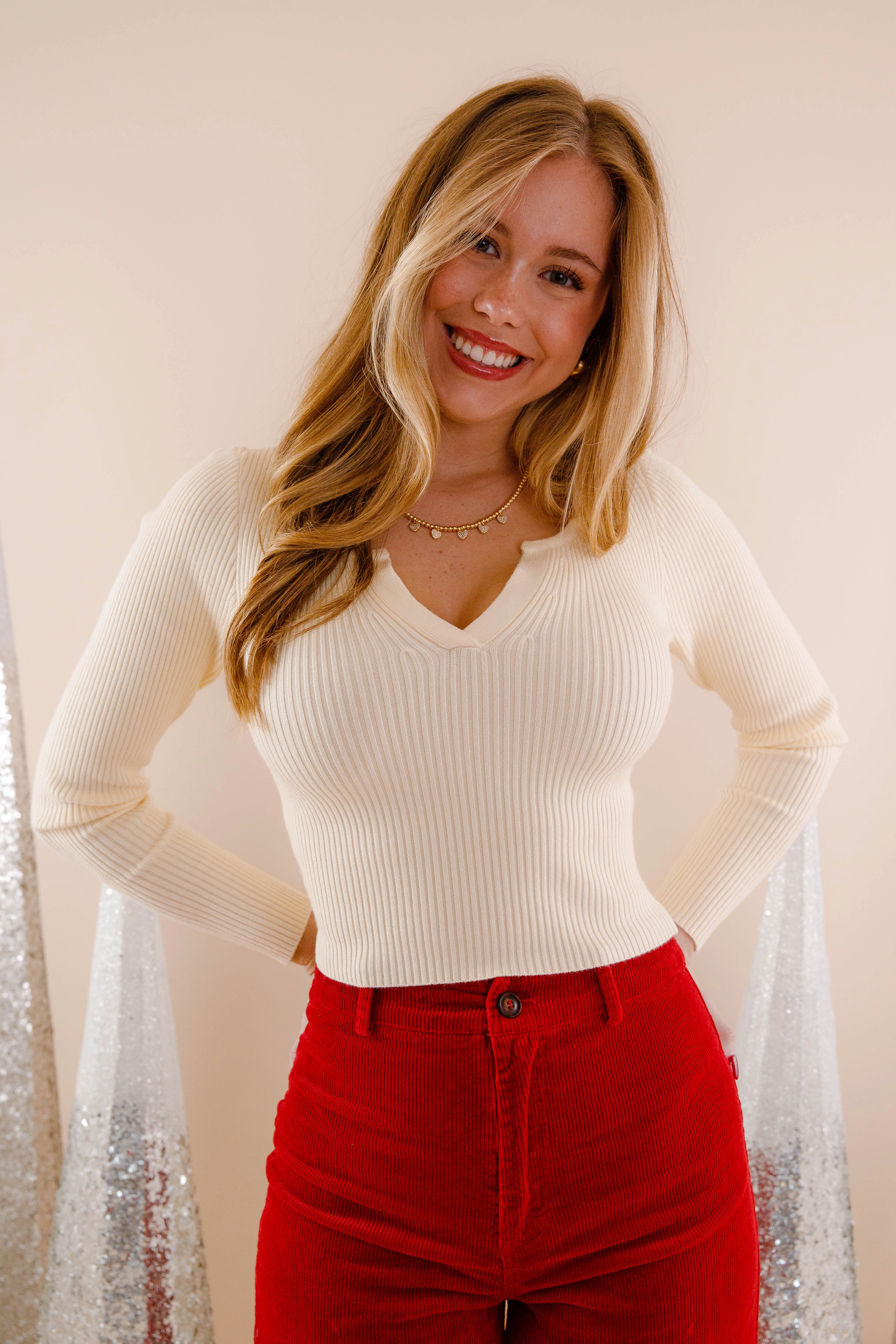 DoubleLayered Neckline Adjustable Cuff Opening Up Ribbed Top-Ivory