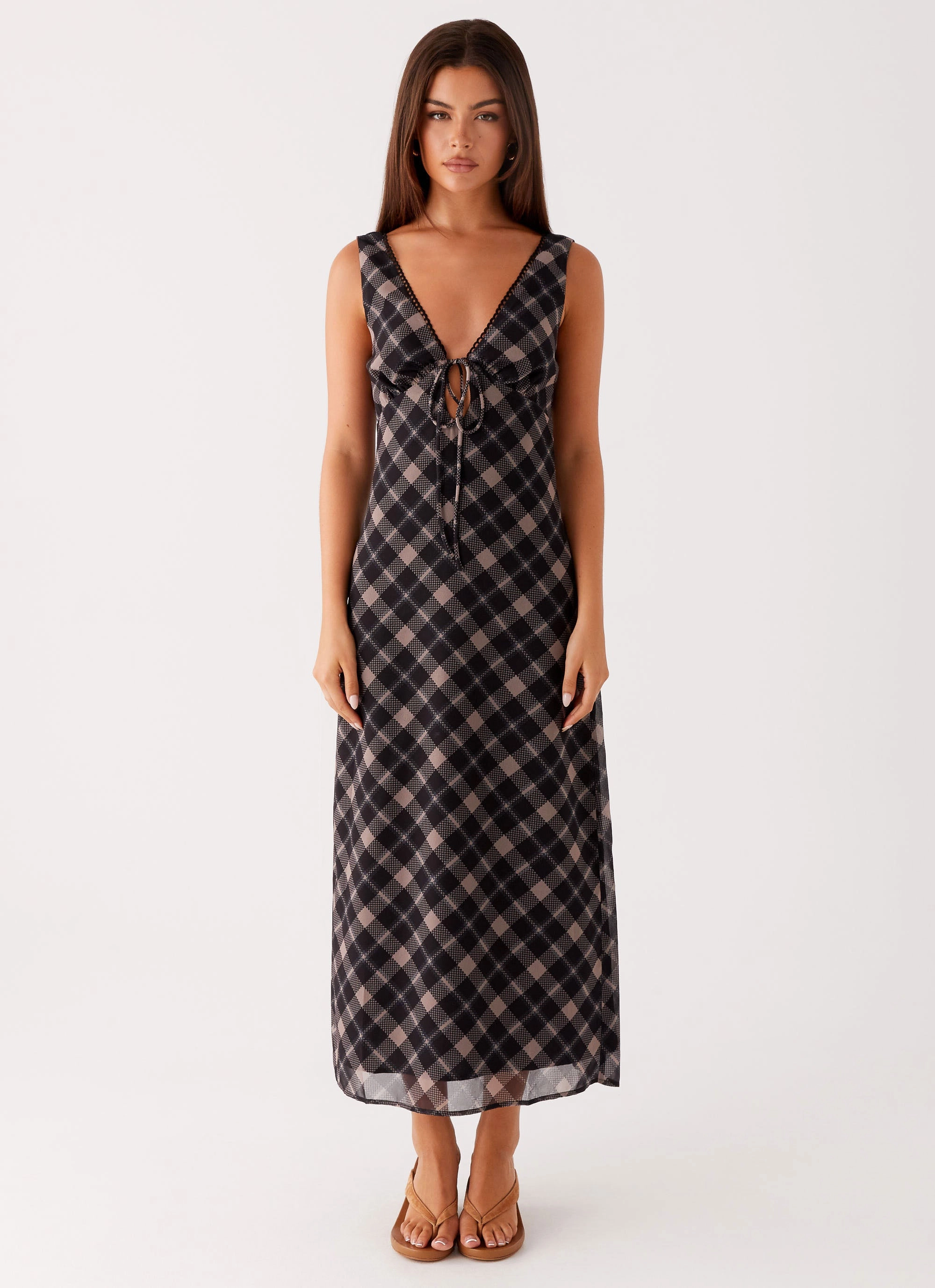 Gianna Midi Dress - Taupe Check Wrap-Style Comfortable Design
