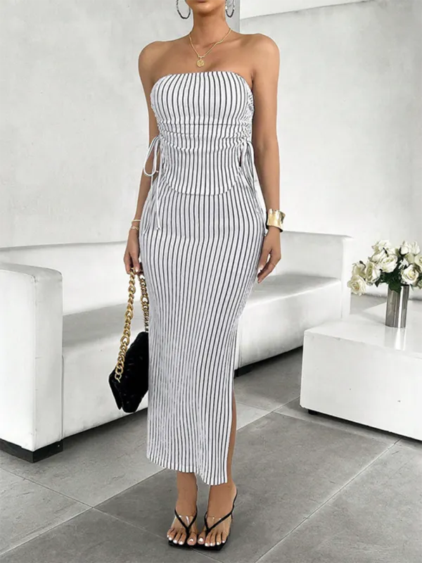 Vertical Stripe Strapless Skirt Set Two-Piece for Women