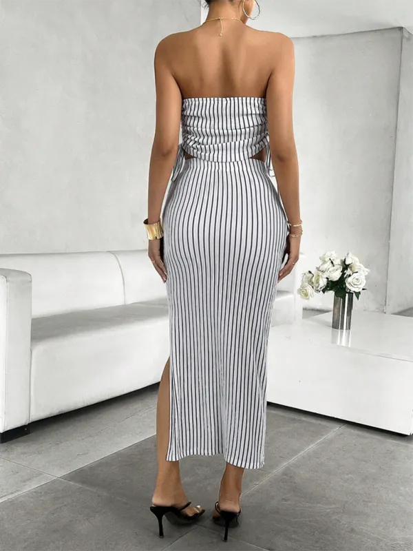 Vertical Stripe Strapless Skirt Set Two-Piece for Women