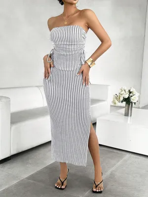 Vertical Stripe Strapless Skirt Set Two-Piece for Women
