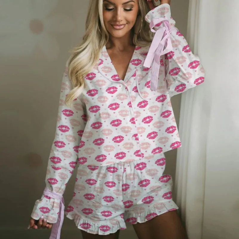 Vevesc Cutest Bow Graphic Print Bandage Long Sleeve Button Up Blouse Tops   Ruffles Shorts Vintage 2 Piece Pajamas Lounge Sleepwear