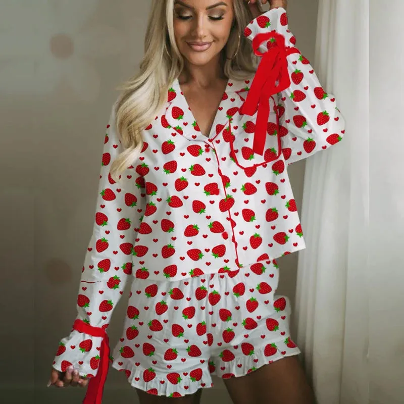 Vevesc Cutest Bow Graphic Print Bandage Long Sleeve Button Up Blouse Tops   Ruffles Shorts Vintage 2 Piece Pajamas Lounge Sleepwear