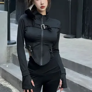 Vevesc Vintage Stand Collar Zipper Coat Women Y2k Sexy Crop Top Slim Fit Tops Mujer Spring Autumn New Long Sleeve Black Jackets