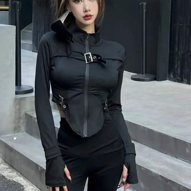 Vevesc Vintage Stand Collar Zipper Coat Women Y2k Sexy Crop Top Slim Fit Tops Mujer Spring Autumn New Long Sleeve Black Jackets