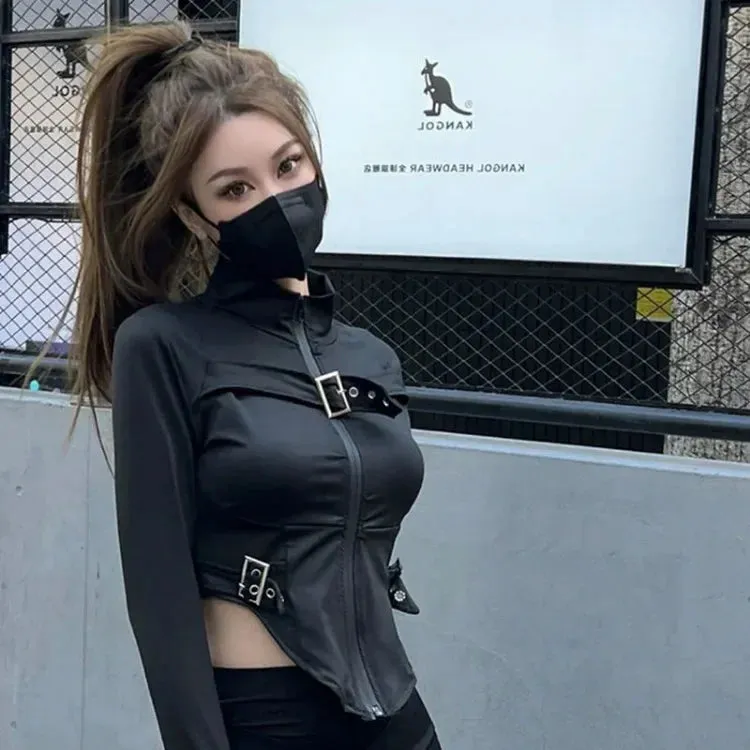 Vevesc Vintage Stand Collar Zipper Coat Women Y2k Sexy Crop Top Slim Fit Tops Mujer Spring Autumn New Long Sleeve Black Jackets
