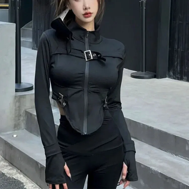 Vevesc Vintage Stand Collar Zipper Coat Women Y2k Sexy Crop Top Slim Fit Tops Mujer Spring Autumn New Long Sleeve Black Jackets
