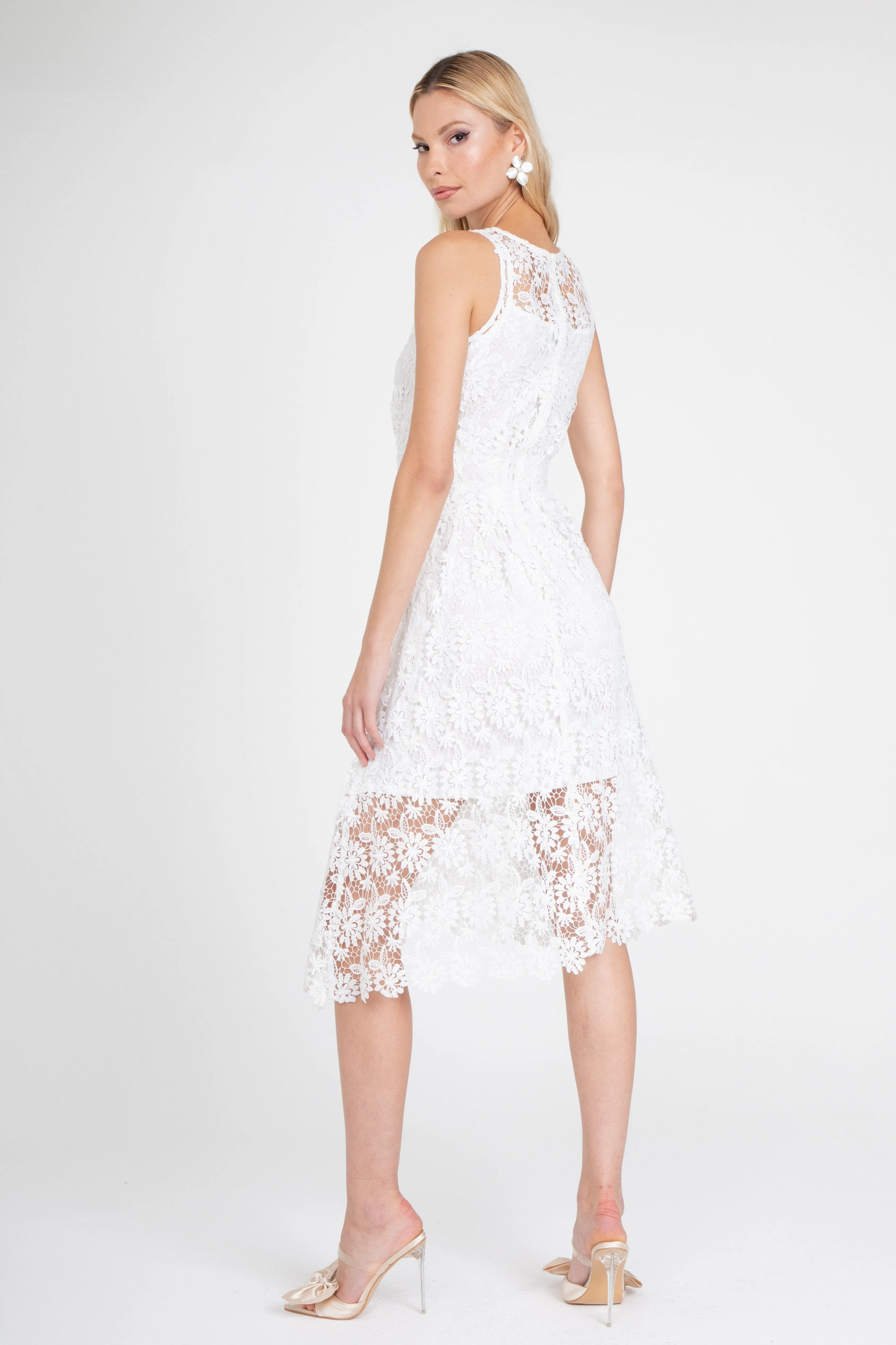 Elegant Simplicity White Lace Midi Dress with Slip