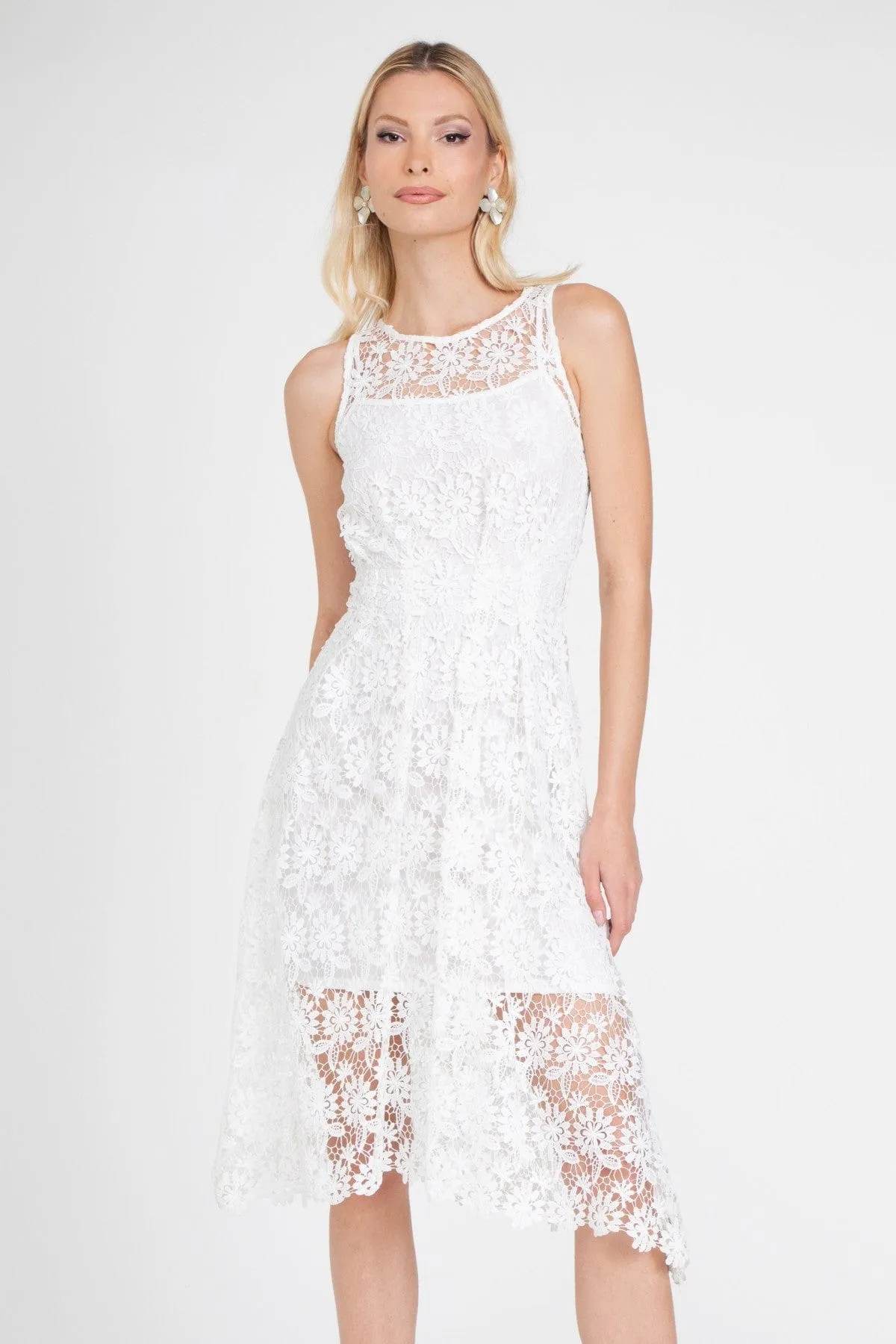 White Lace Midi Dress with Slip Sculpted Form Practical work-to-play piece