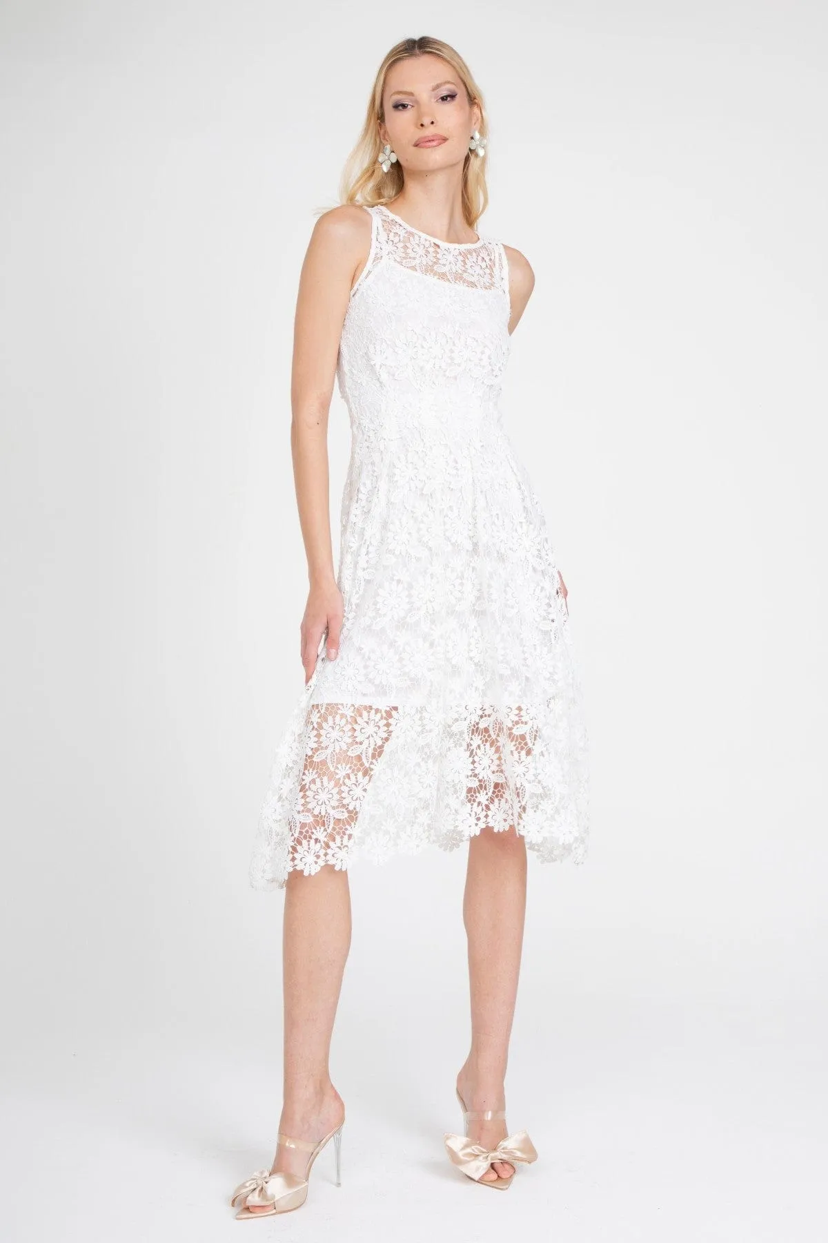 Classic Motion White Lace Midi Dress with Slip