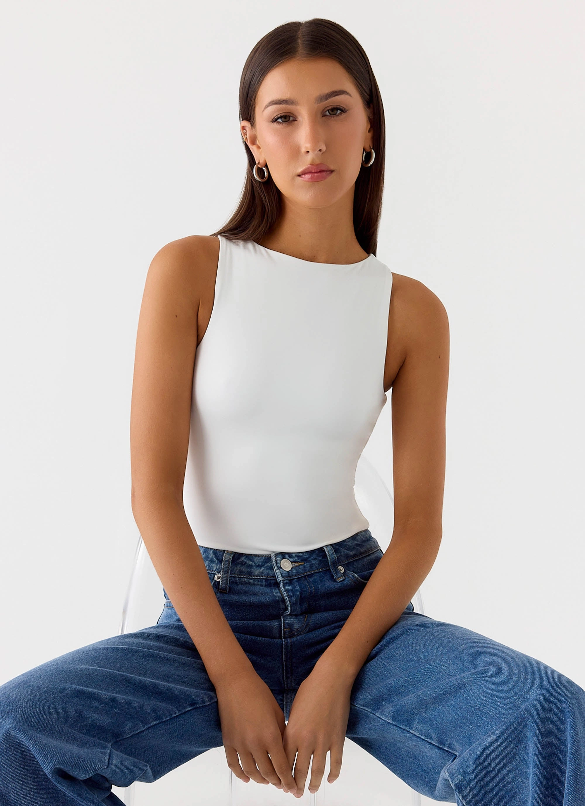 Low Profile Collar Lightweight Layering Option Vincenza Bodysuit - White