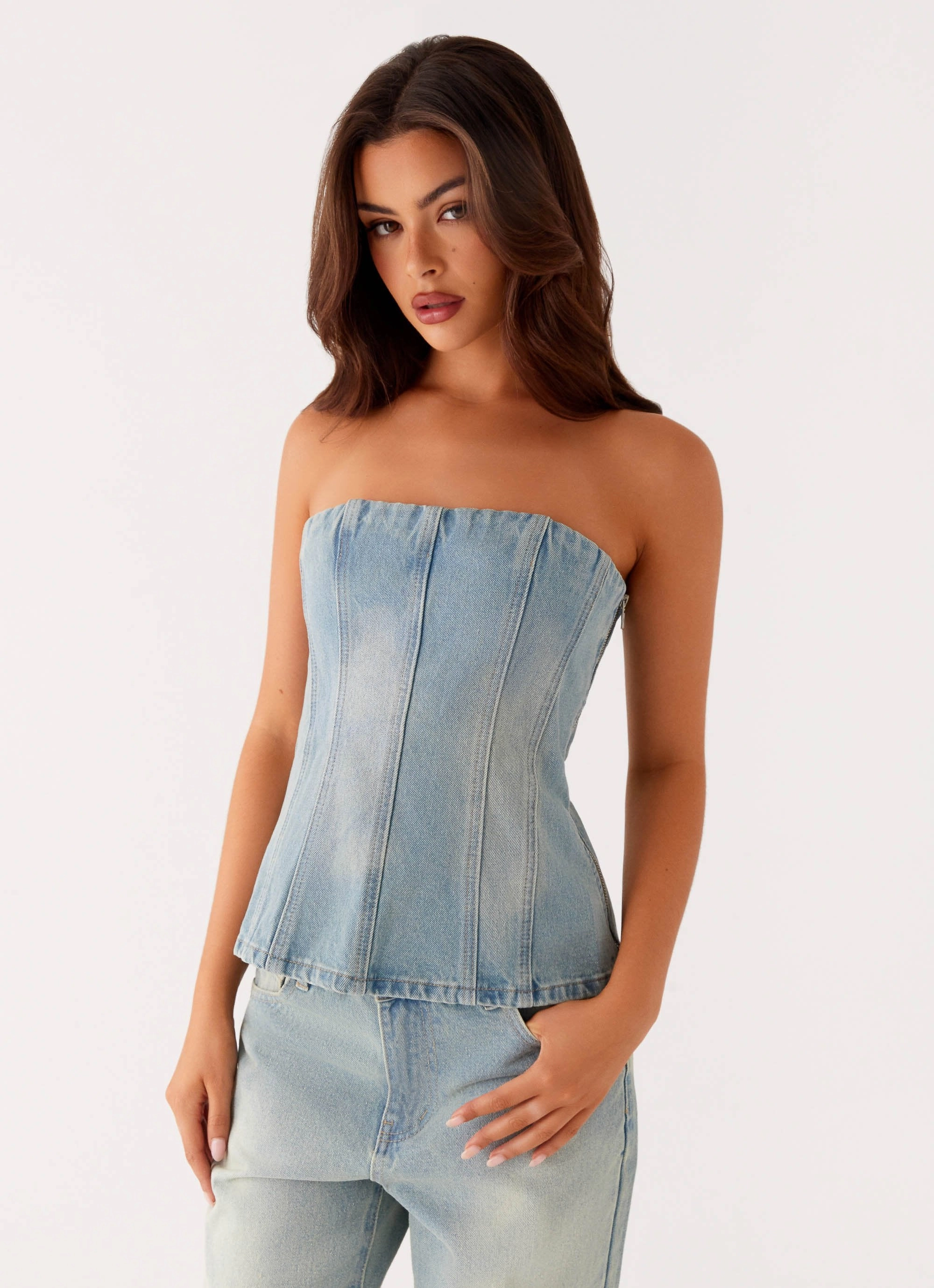Vino Strapless Denim Top - Vintage Denim Contrast Stitch Detail