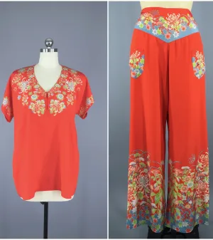 Vintage 1930s Silk Pajamas / Chinoiserie Art Deco