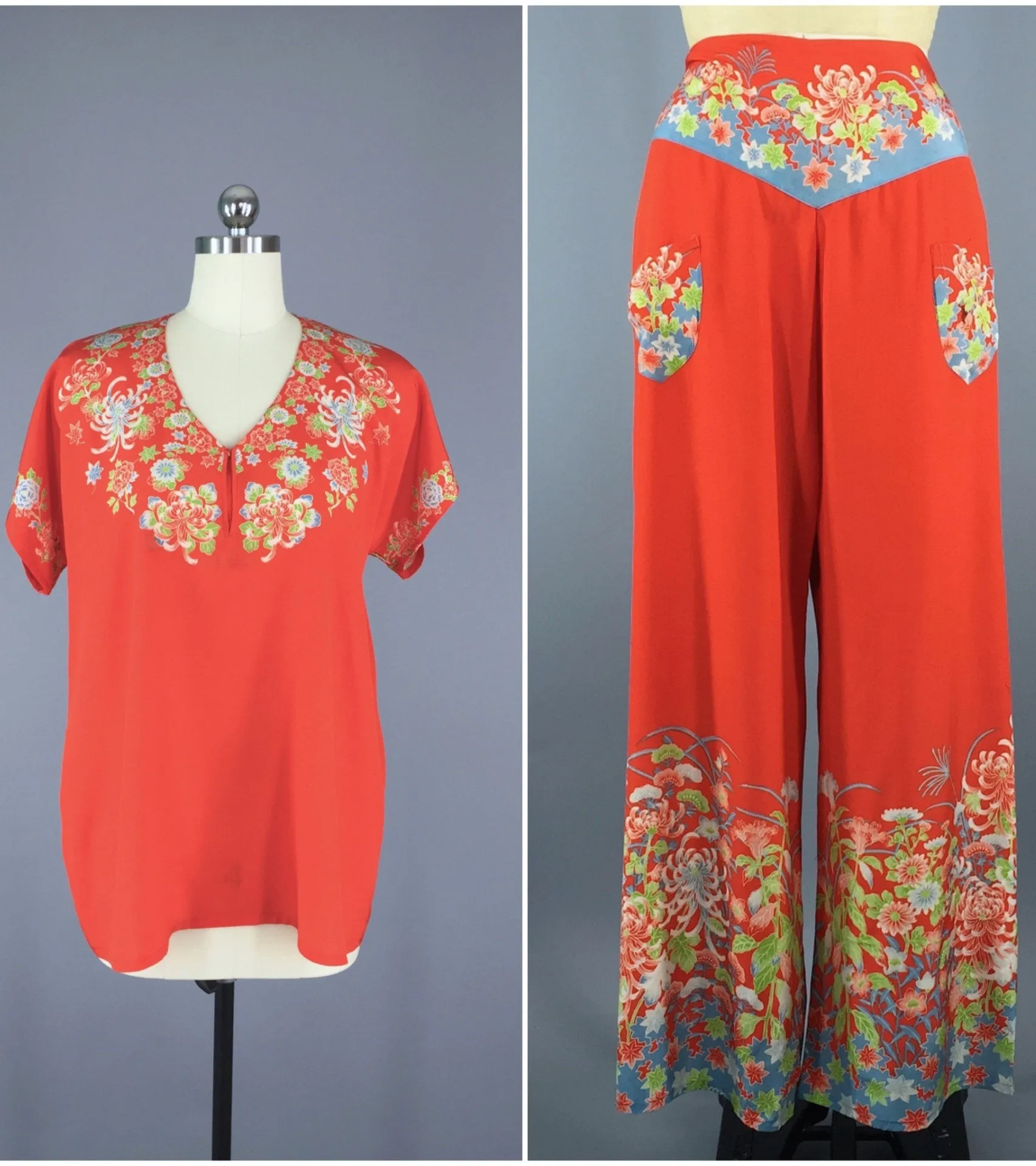Vintage 1930s Silk Pajamas / Chinoiserie Art Deco